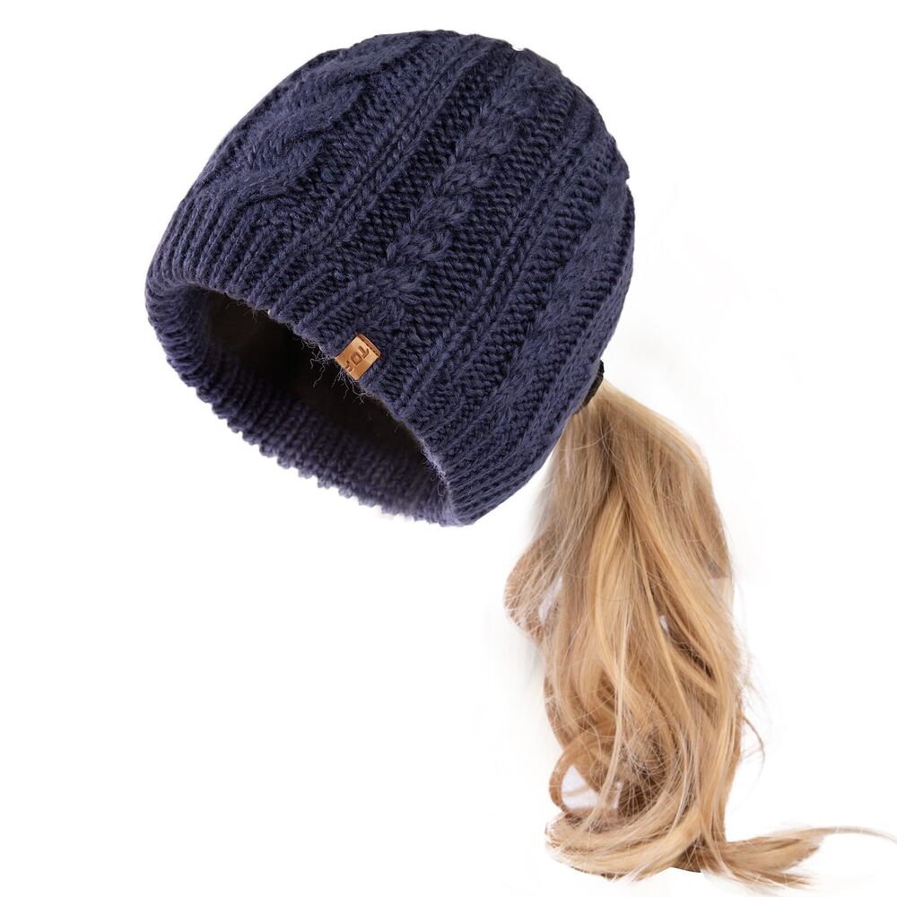 8305 ChicPony Merino Wool Blend Messy Bun Ponytail Hole Fleece Lined Beanie